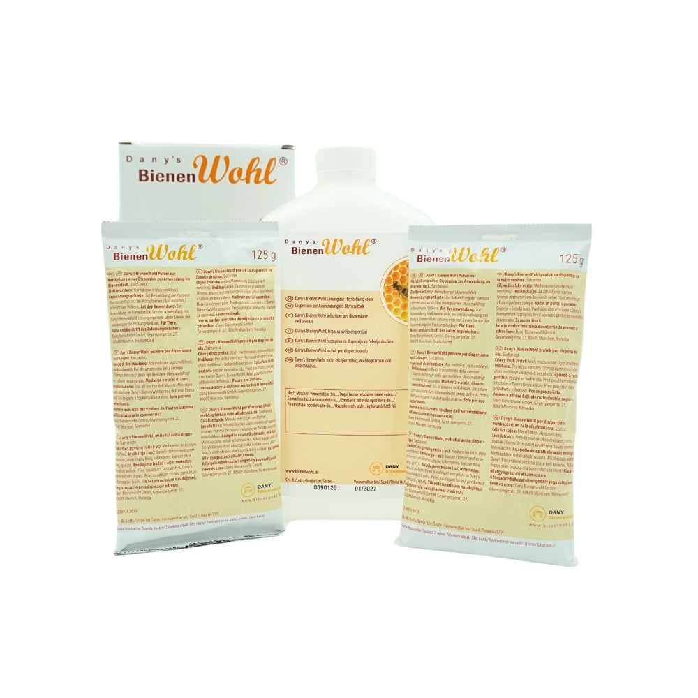 Dany's Bienenwohl Packungsinhalt — Oxalsäure-Flasche 750 ml und Saccharose-Pulver